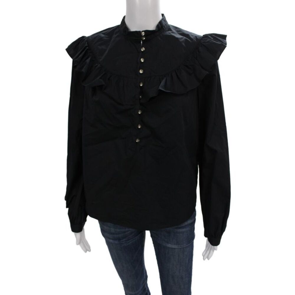 La Vie Womens Basic Black Cotton High Neck Long Sleeve Blouse Size S